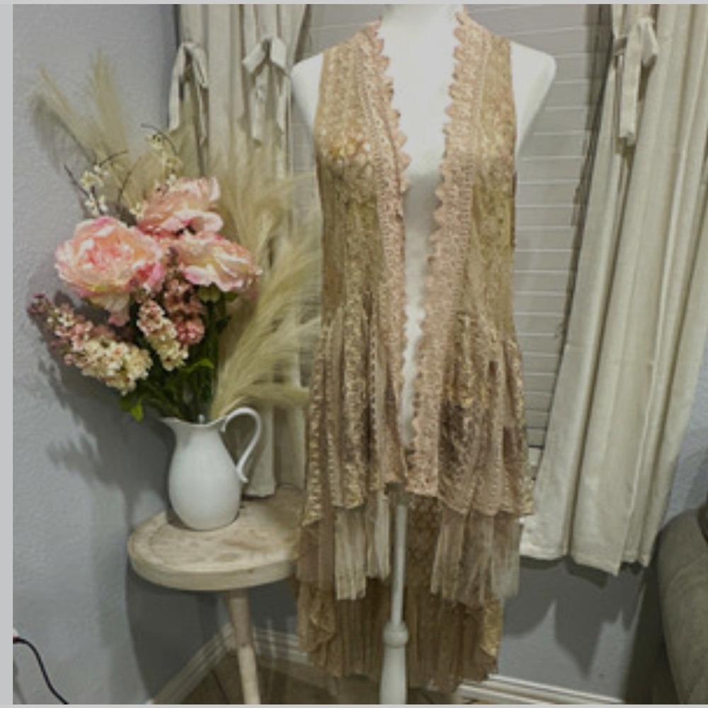 Origami Women Crochet Lace Sheer Mesh Vest XXL Beige Boho Romantic Angelcore